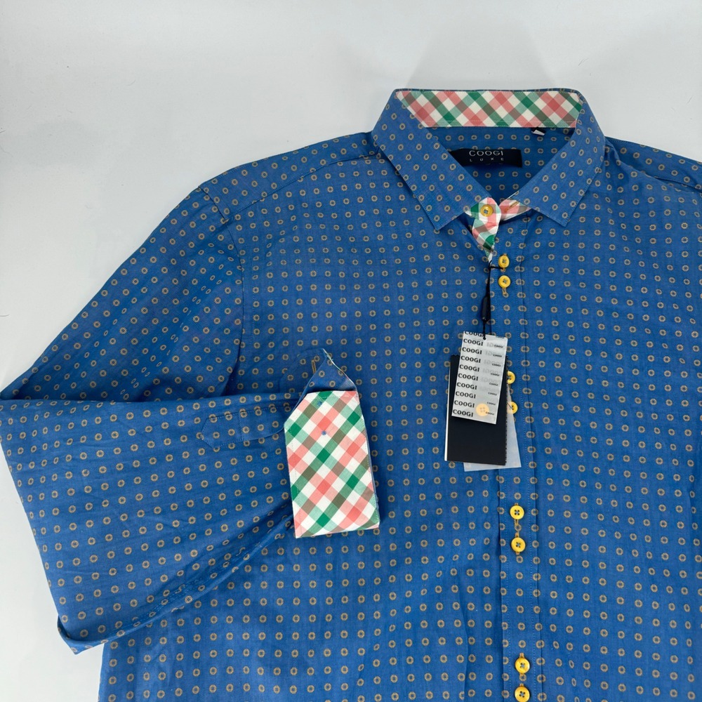 Coogi Luxe Mens 4XL Blue Geometric Button Down Shirt Plaid Trim NWT JLW166A